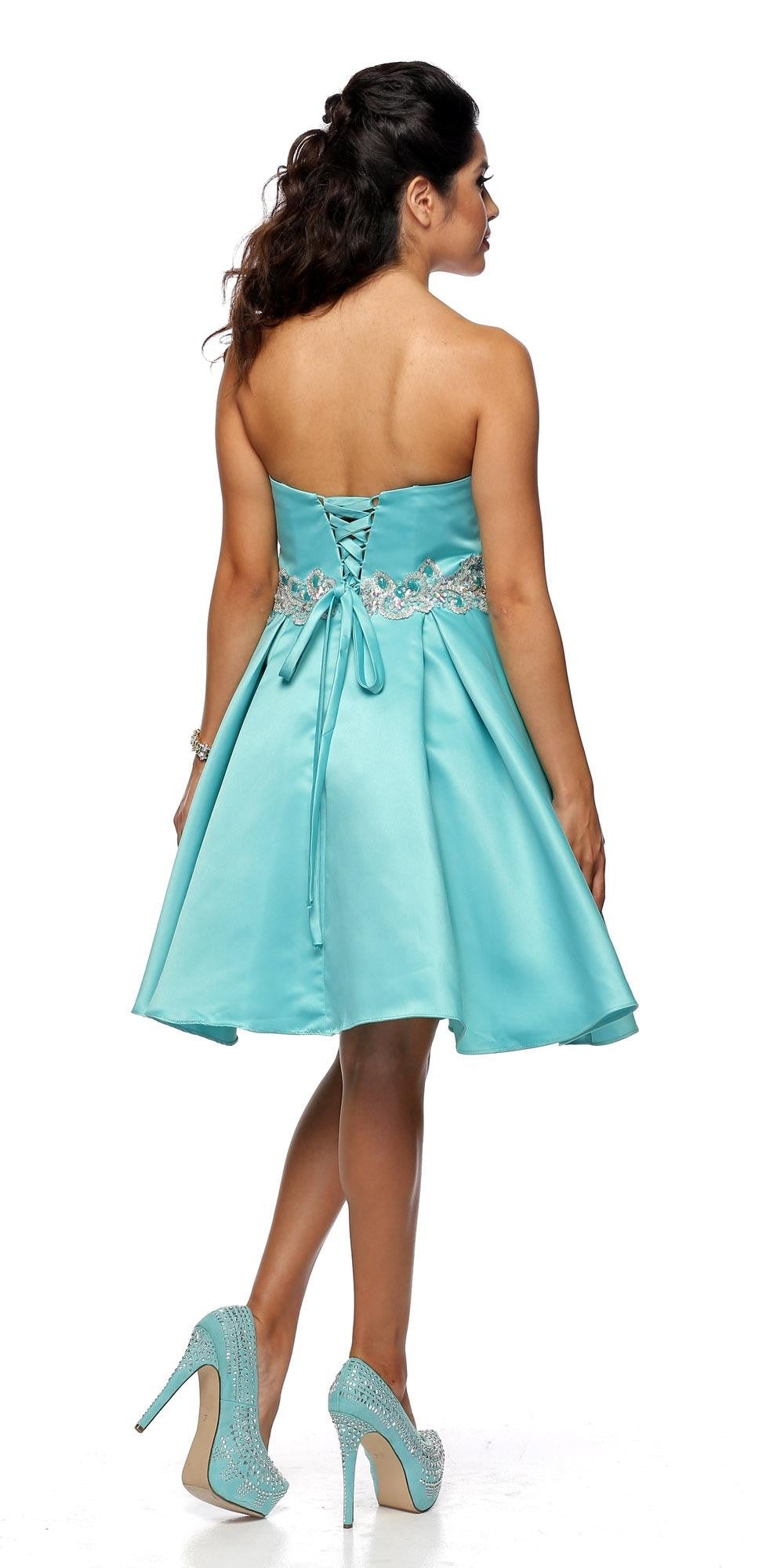 Embellished waist strapless short dress in teal from the back with tied bow detail