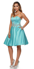 Embellished waist strapless short dress in teal with ornate beaded waist embellishment