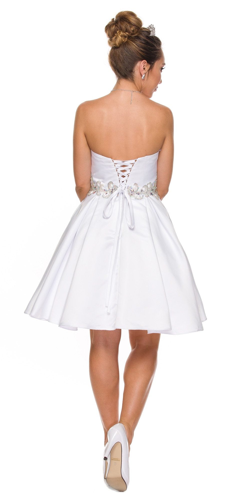 Embellished waist strapless short dress in white from the back with lace bow detail