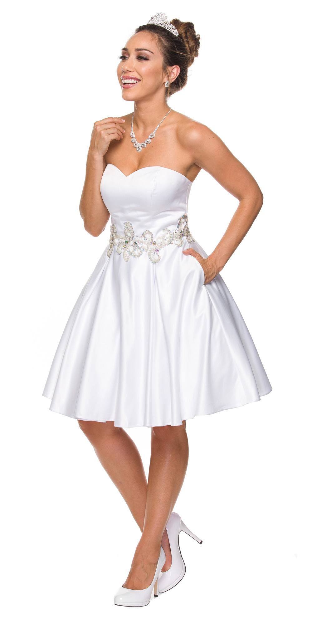 Embellished waist strapless short dress in white with beaded lace bodice detail