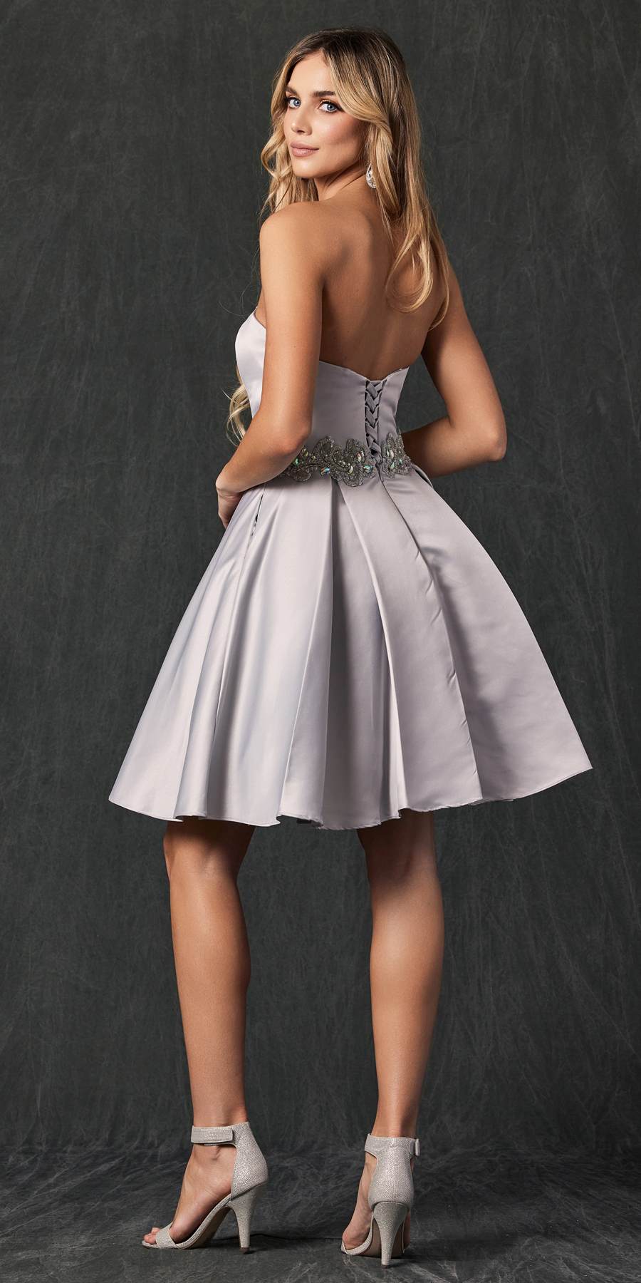 Embellished waist strapless short dress in light gray with sparkling beaded waist