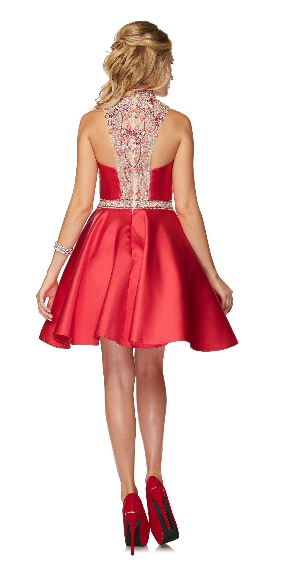 Back view of sleeveless satin A-line short dress with high beaded neckline, deep red