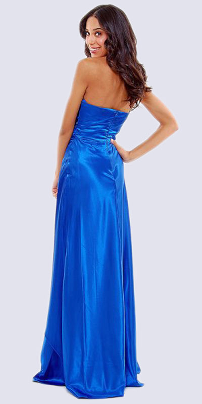 Royal blue satin strapless long formal dress with pleated bodice and rhinestone trim