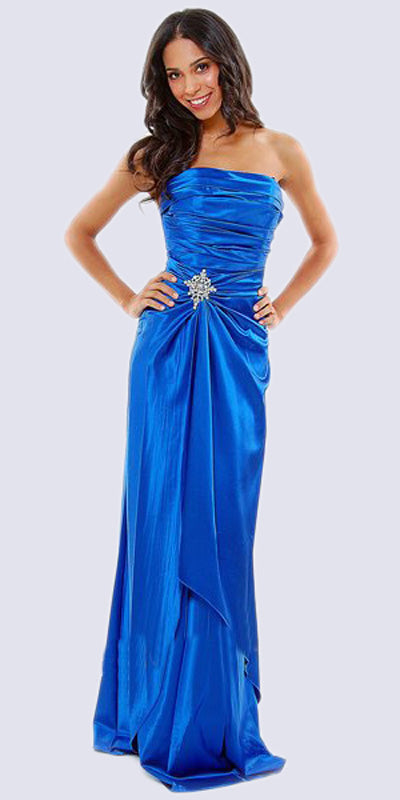 Royal blue satin strapless formal dress, pleated bodice with rhinestone detail