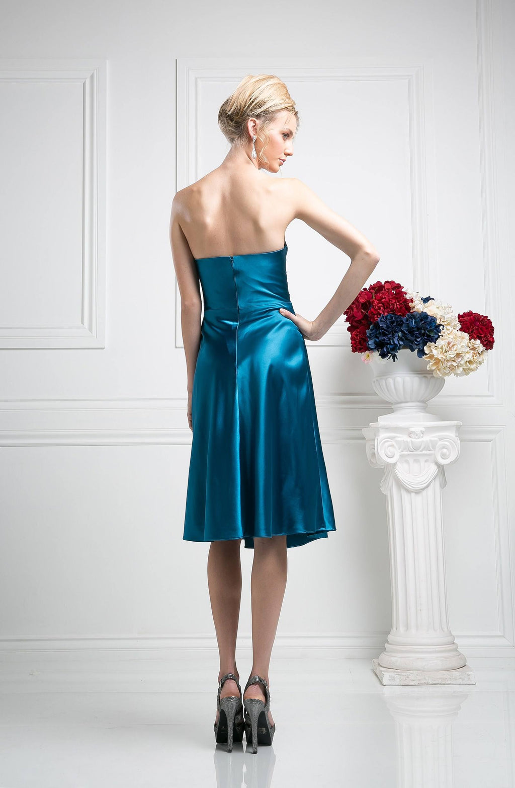 Satin strapless knee-length dress with ruched bodice, teal, fitted skirt silhouette