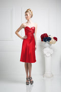 Satin strapless knee-length dress with ruched bodice, red, sleeveless silhouette