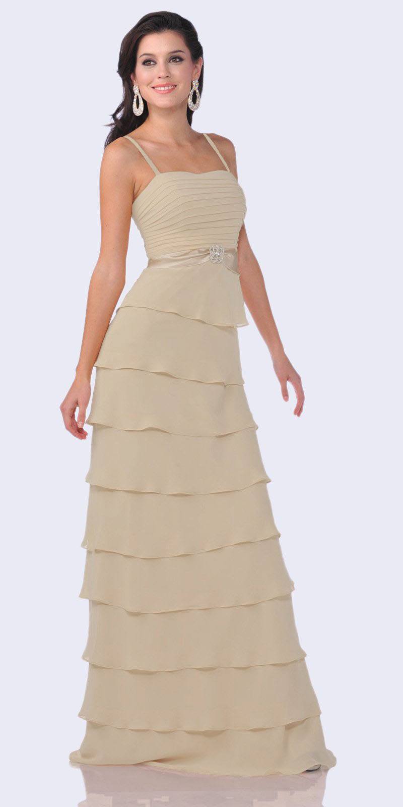 Gold tiered ruffle dress with spaghetti straps and fitted bodice