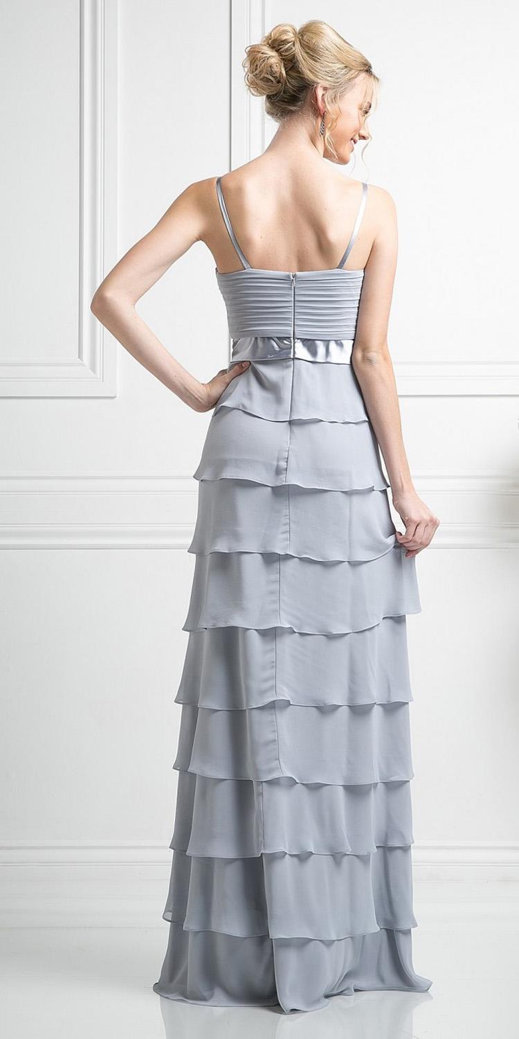 Light gray tiered maxi dress with cross-strap back and fitted waist belt