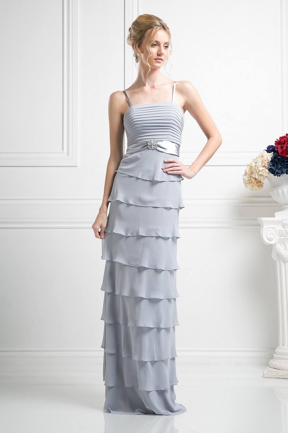 Light gray tiered ruffle maxi dress with spaghetti straps and jeweled waistband