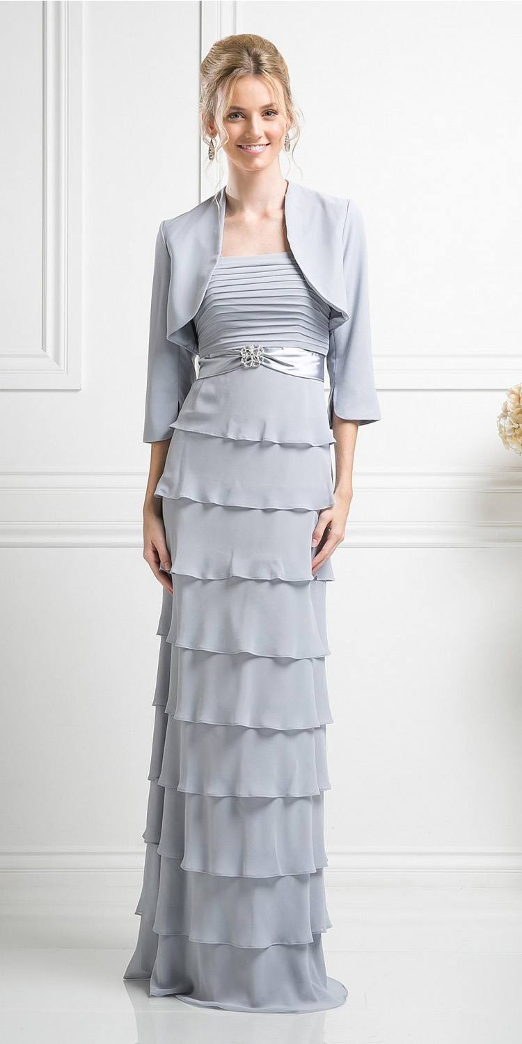 Light gray tiered ruffle maxi dress with spaghetti straps and embellished waist