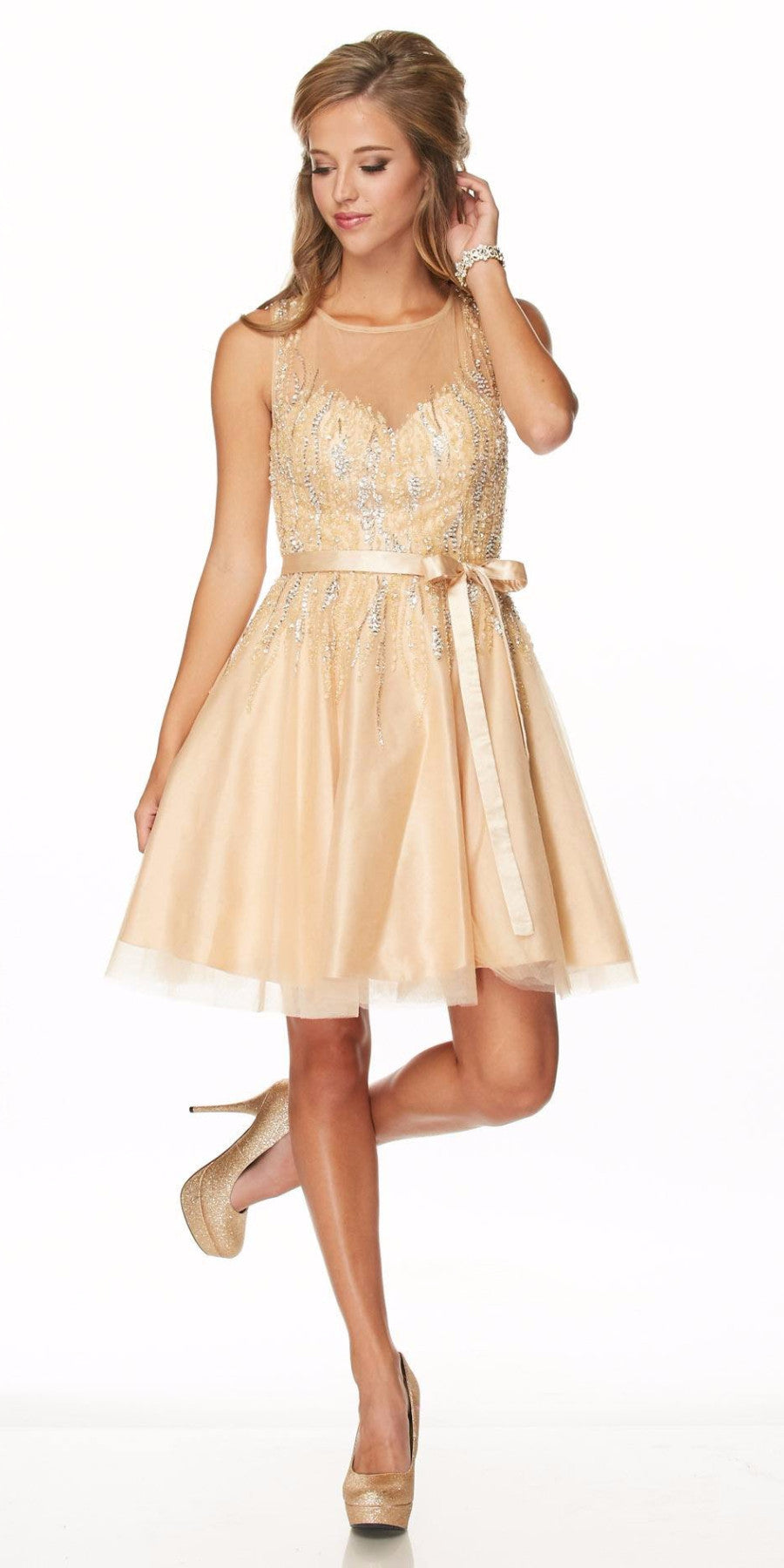 Gold sequin illusion bodice short dress with fitted bodice and flared tulle skirt