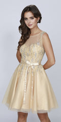 Gold sequin illusion bodice short dress with scoop neckline and tulle skirt