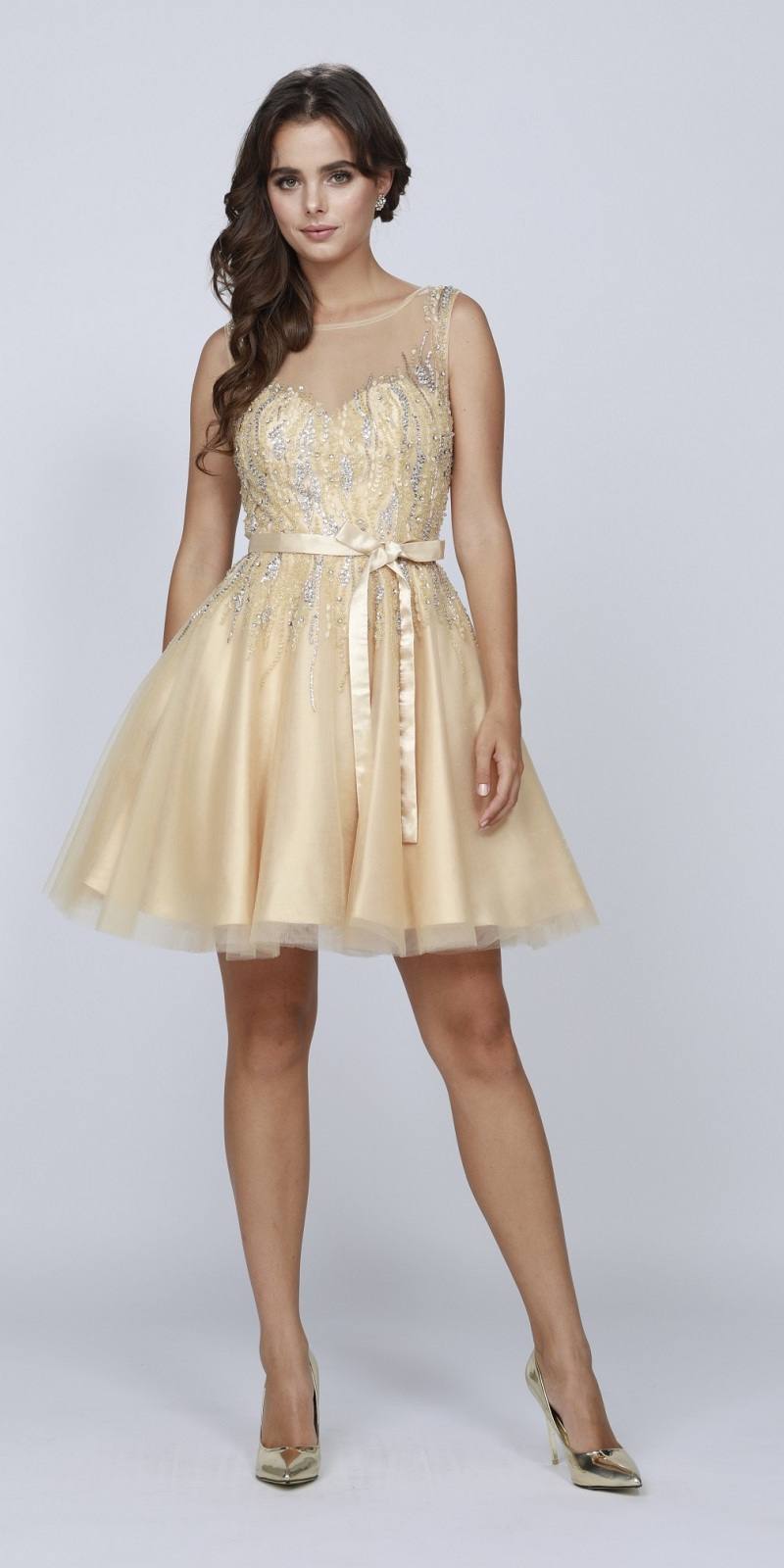 Gold sequin illusion bodice short dress with tulle skirt and belt