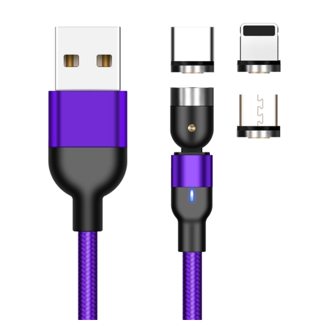 Purple magnetic charging cable with USB-A plug and magnetic adapter tips, blue LED