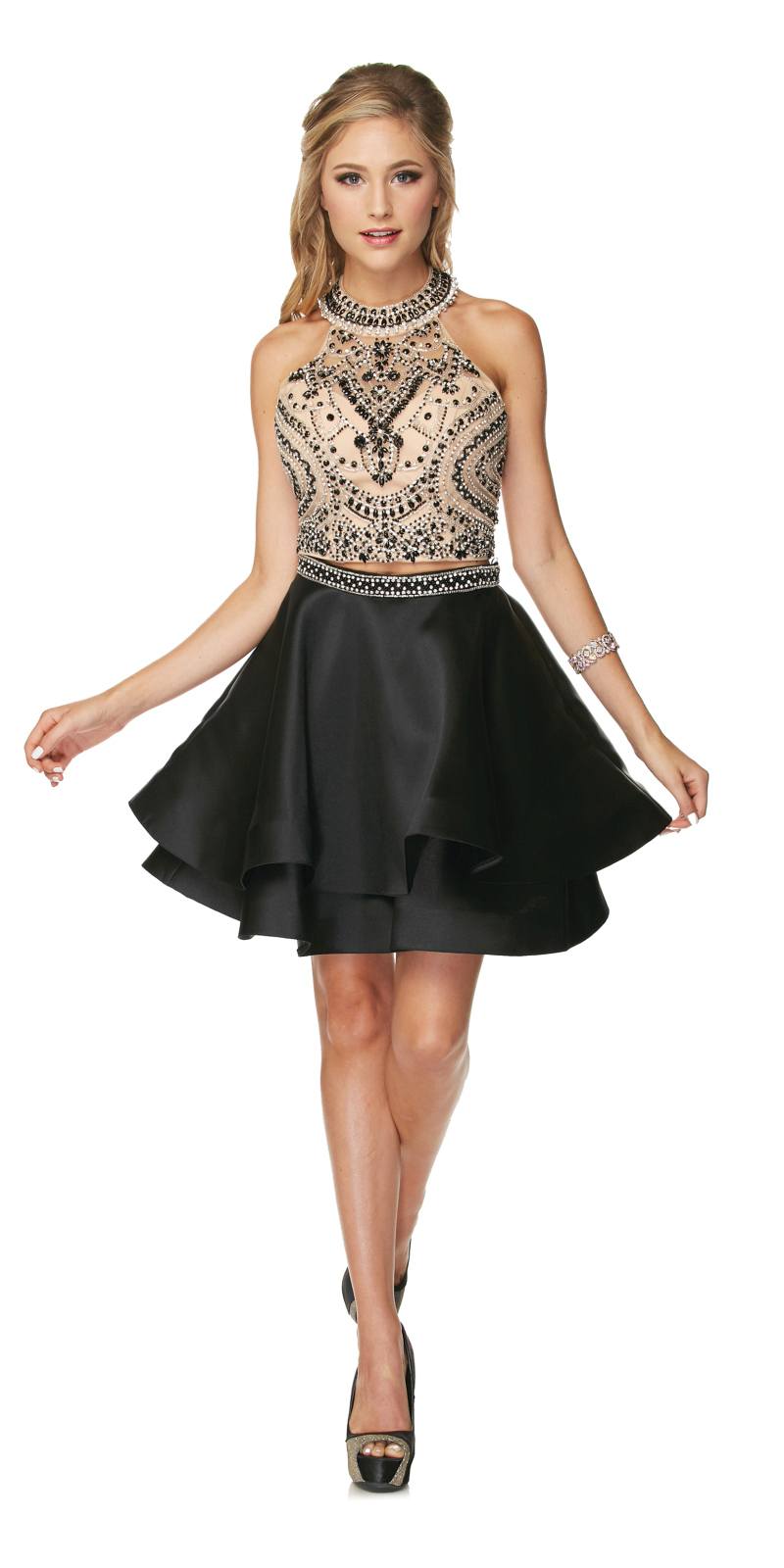 Black halter two-piece short dress with embellished bodice and flared layered skirt