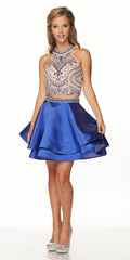Royal blue halter two-piece short dress with embellished bodice and layered skirt