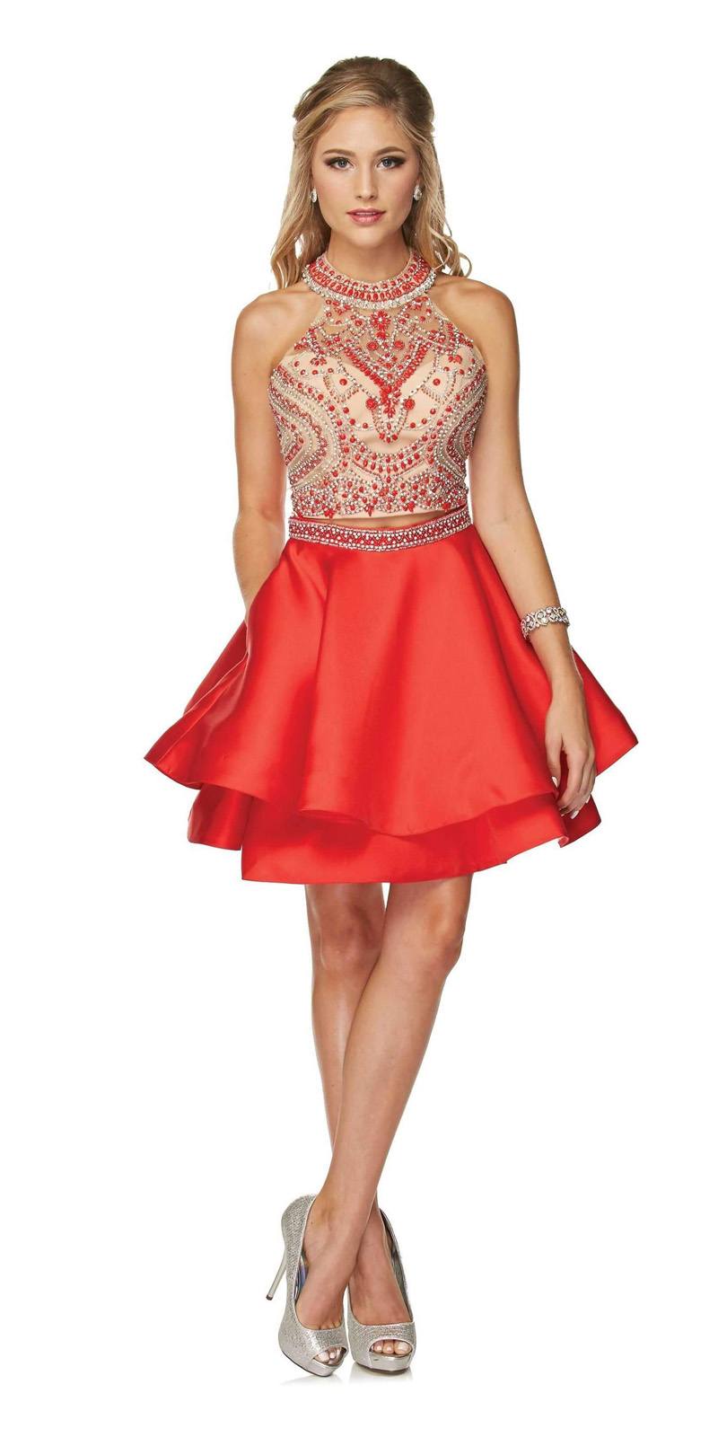 Red halter two-piece short dress with embellished bodice and layered skirt