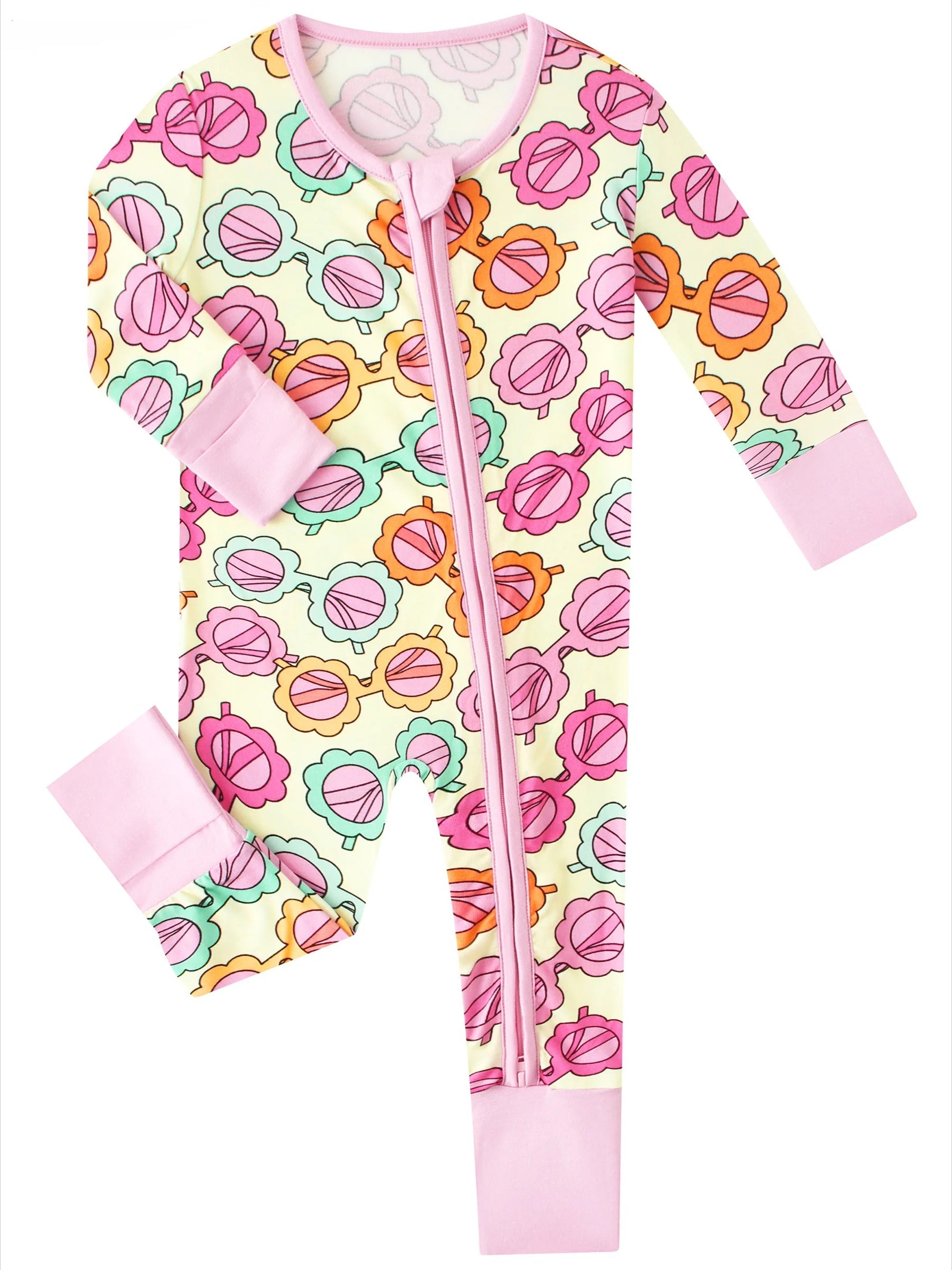 Baby long-sleeve romper with pink 2-way zipper, pastel flower print and pink cuffs
