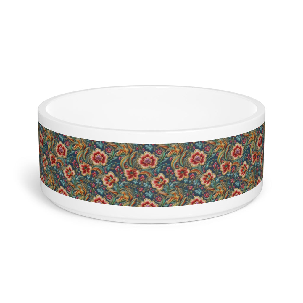 Crimson Blossoms on Teal Vintage Brocade Pattern - Pet Bowl