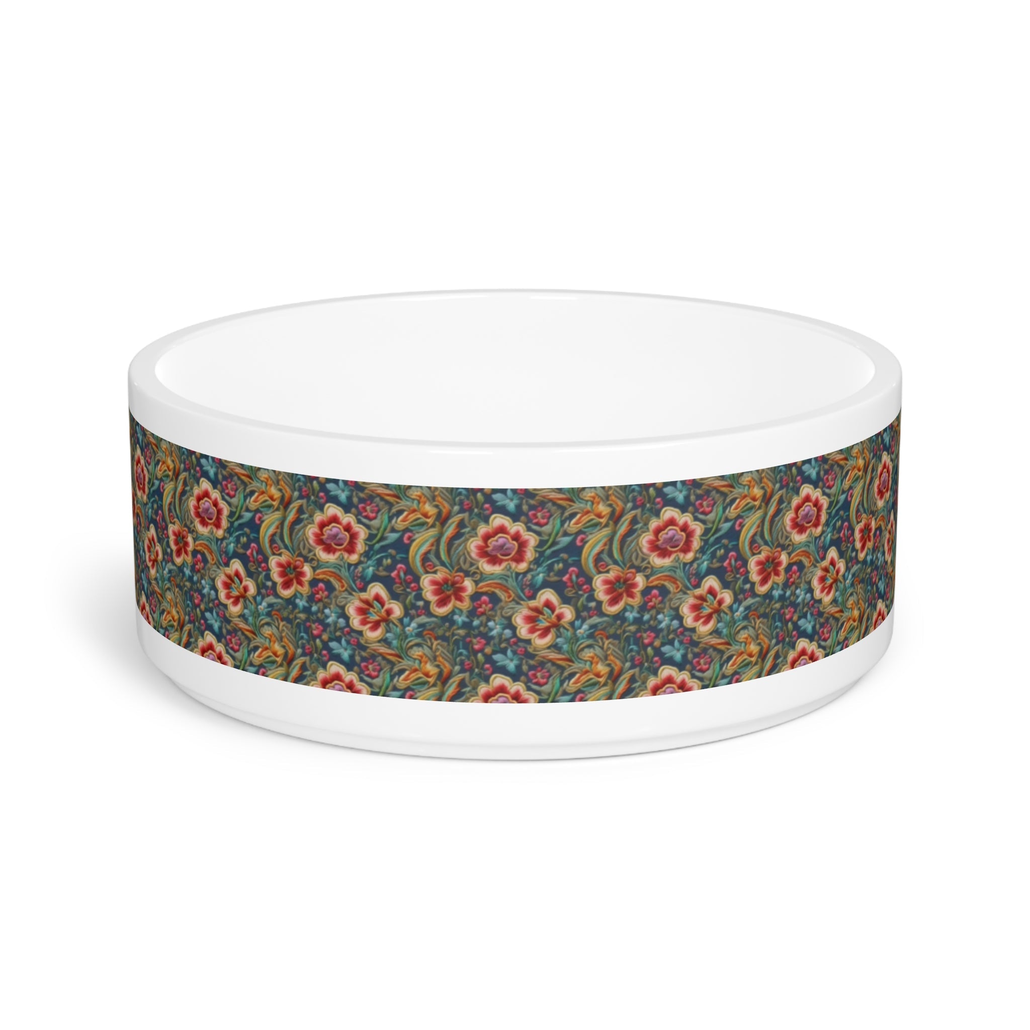 Crimson Blossoms on Teal Vintage Brocade Pattern - Pet Bowl