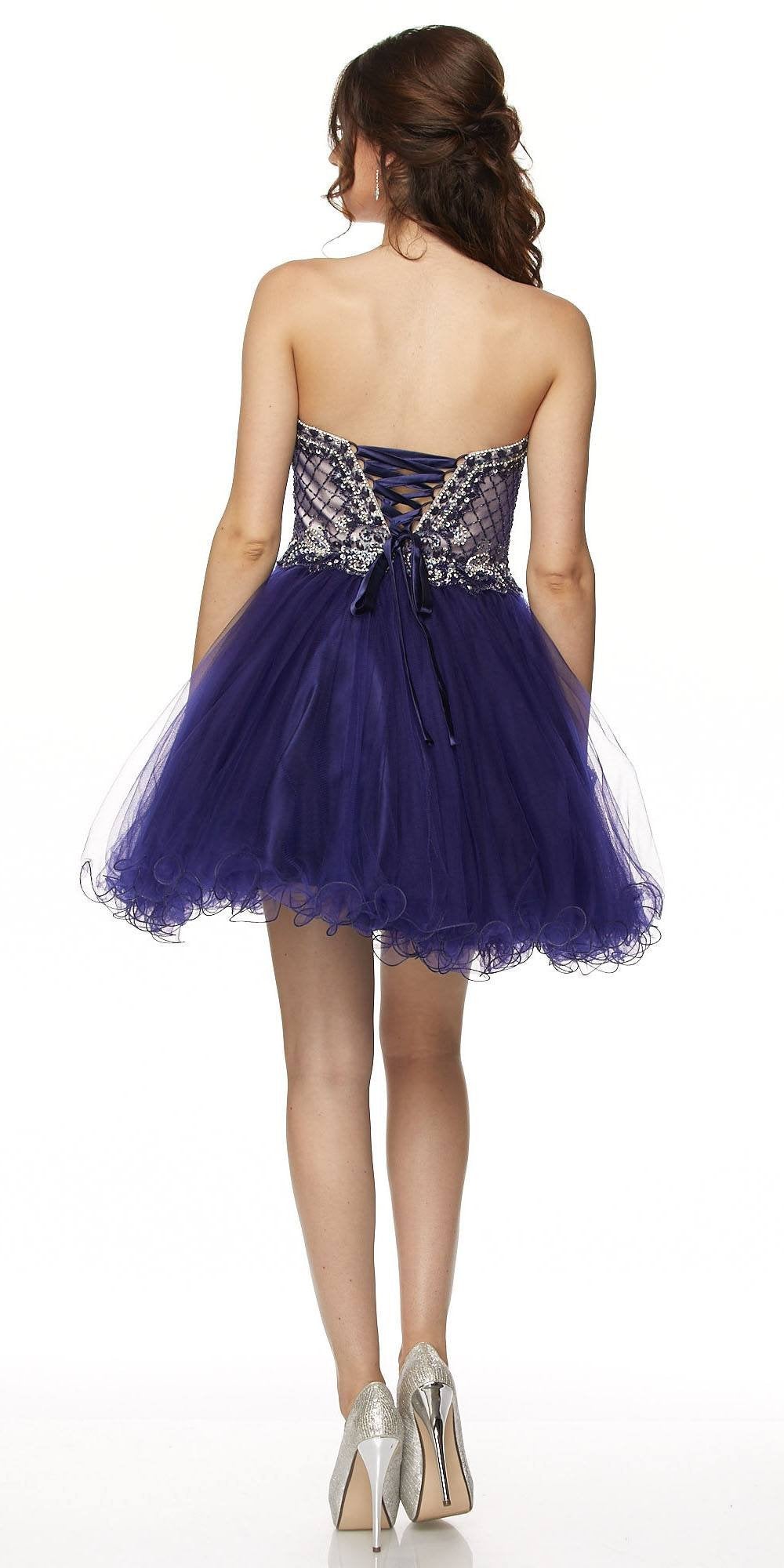 Back view of purple corset-back mini dress with lace-up bow waist and tulle skirt