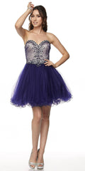 Purple sweetheart corset-back mini dress with embellished bodice and full tulle skirt