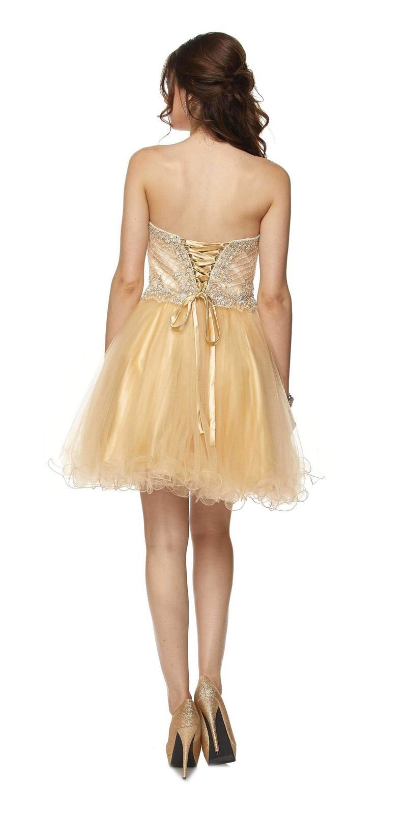 Back of gold sweetheart corset-back mini dress with tulle skirt and lace straps