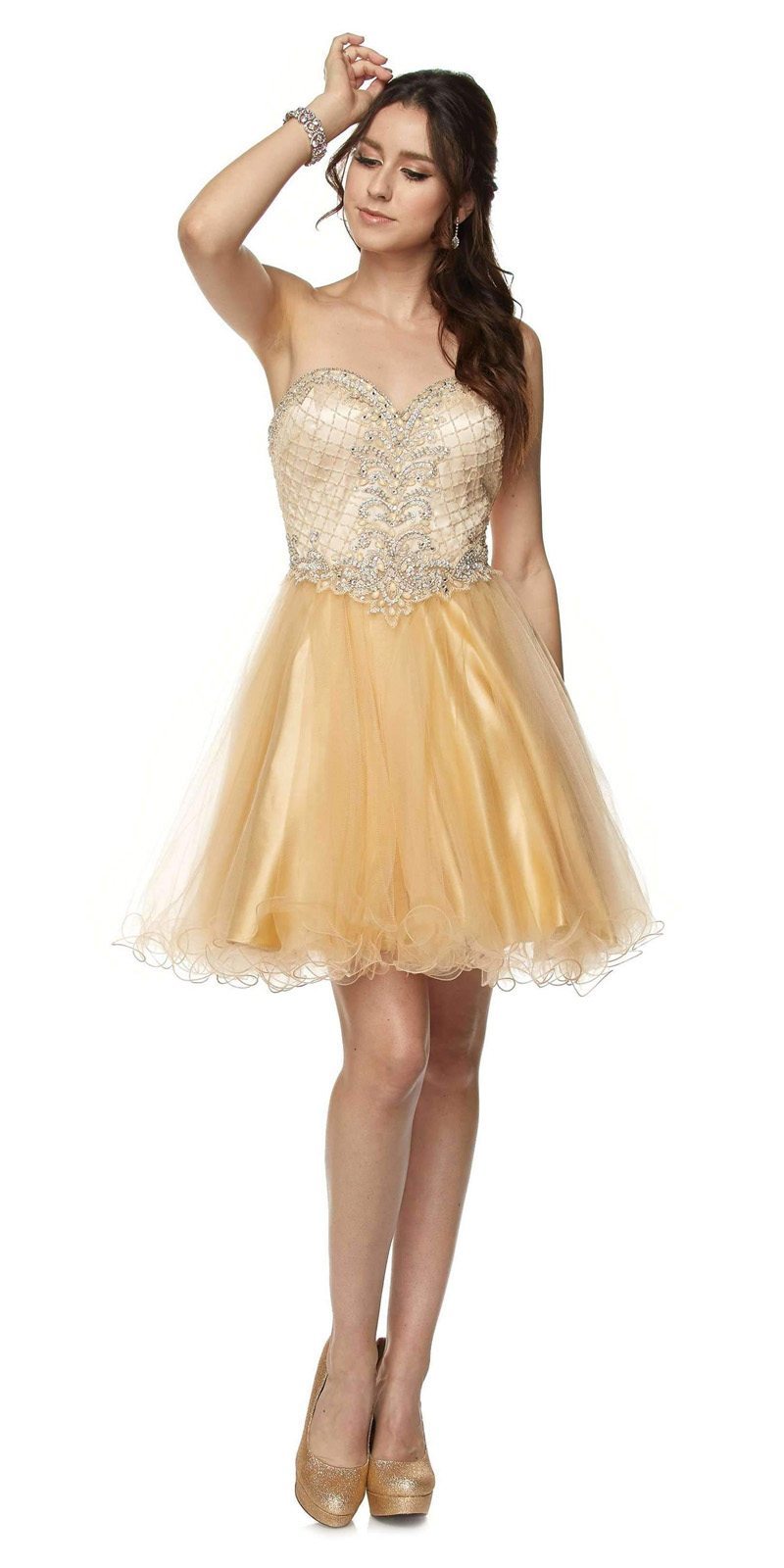 Gold sweetheart corset-back mini dress with beaded bodice and tulle skirt