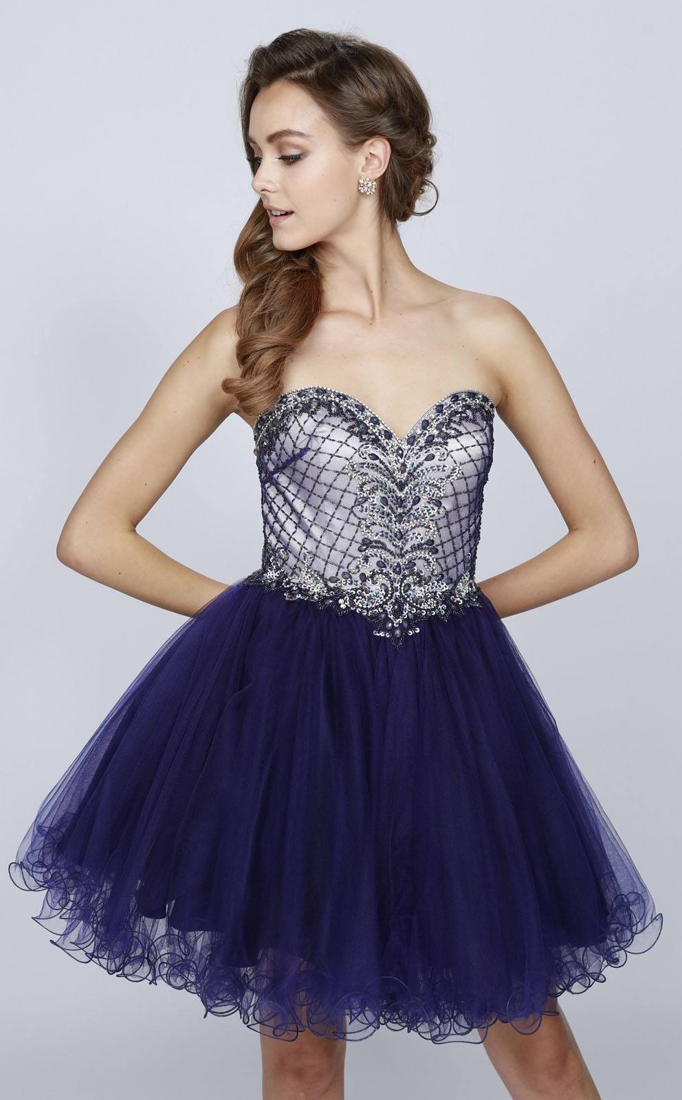 Purple sweetheart corset-back mini dress with beaded lace bodice and layered tulle skirt