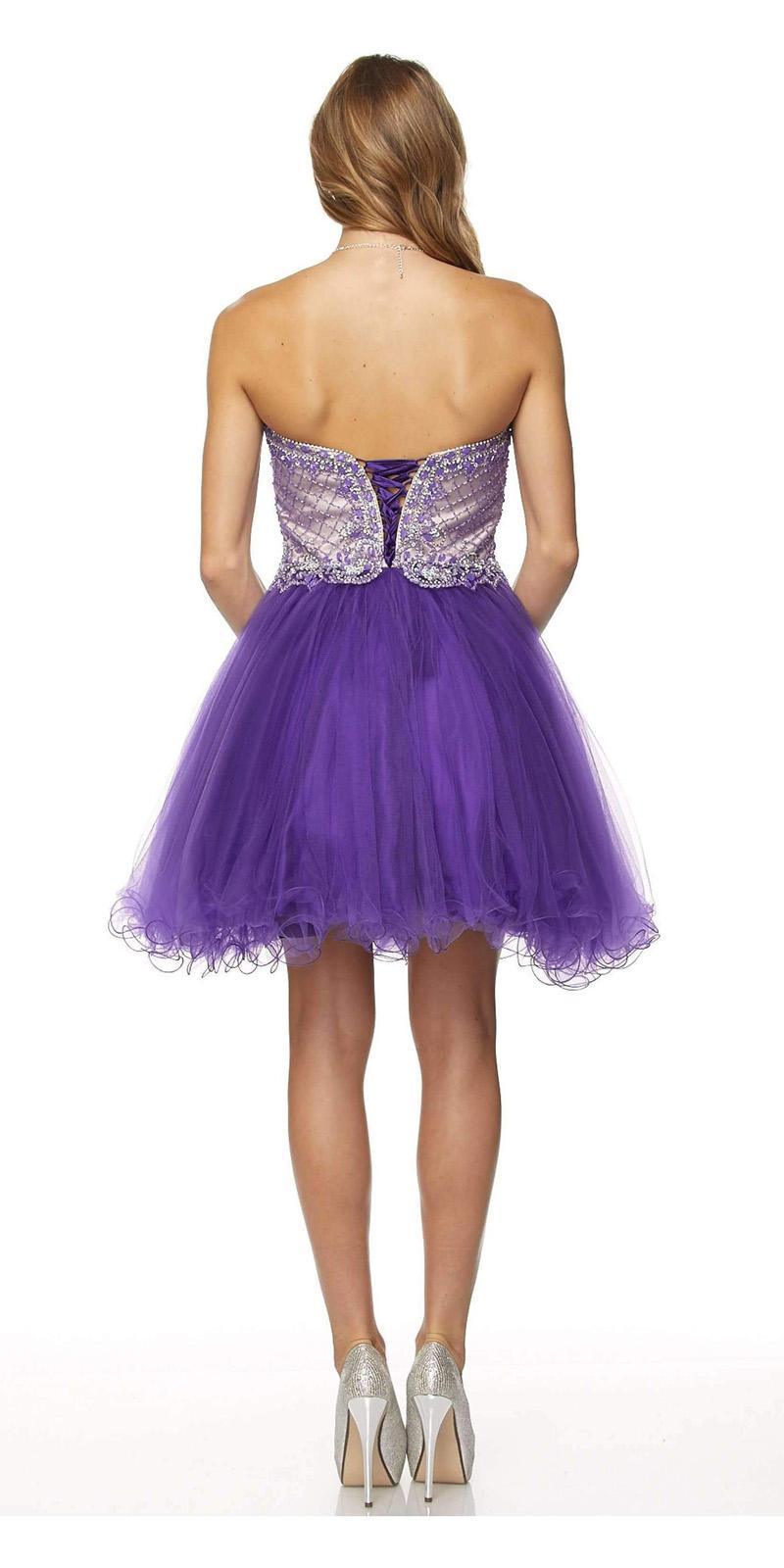 Back view of purple sweetheart corset-back mini dress with beaded bodice and tulle skirt