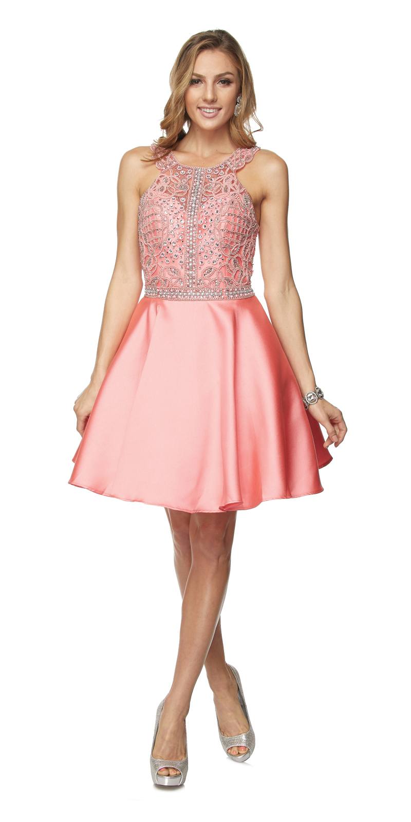 Coral embellished sleeveless bodice short dress with flared skirt and sleeveless neckline