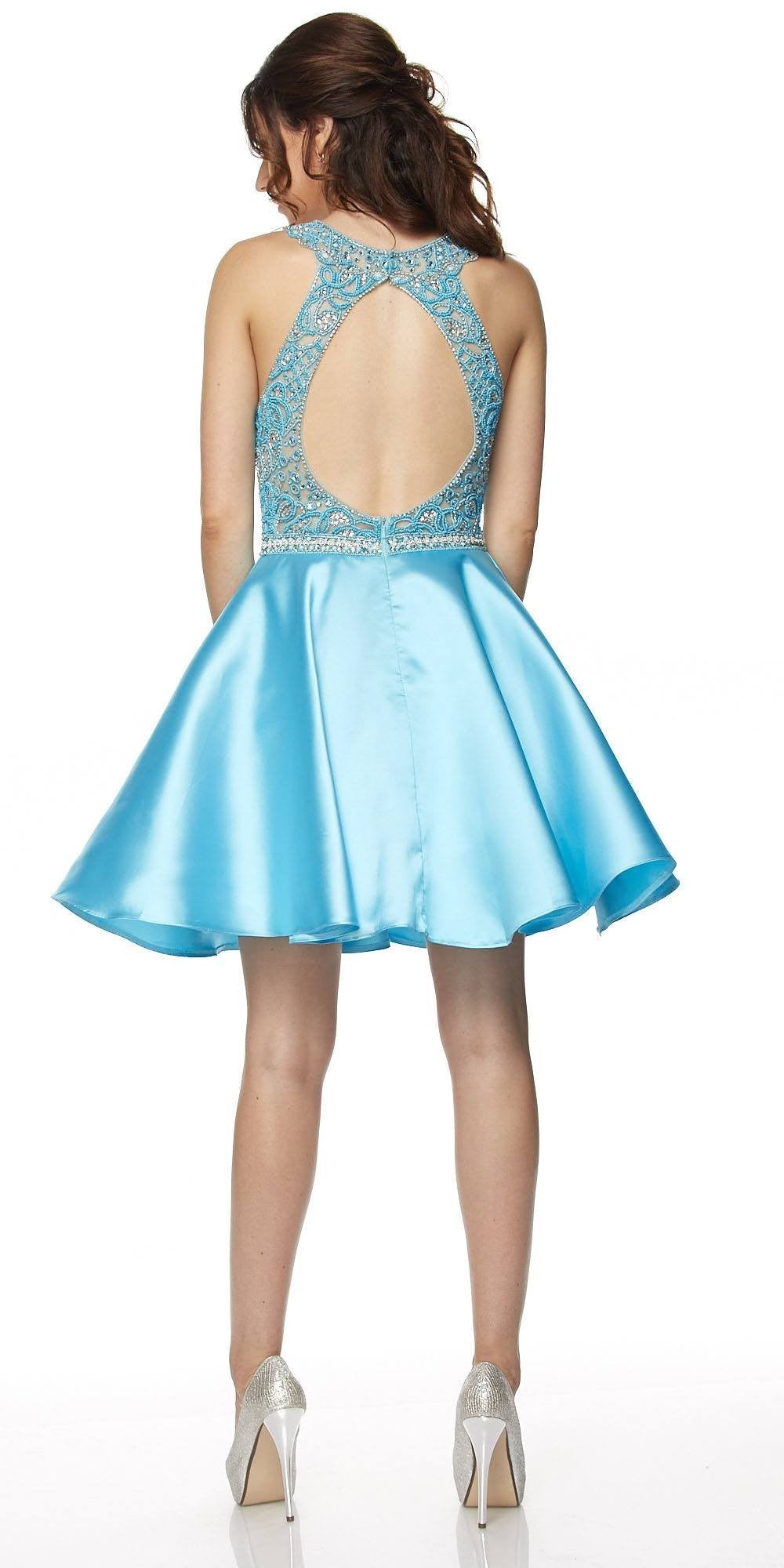 Turquoise embellished sleeveless bodice short dress with open back and flared skirt