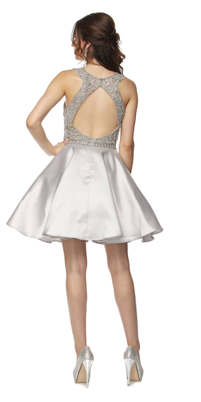 Silver embellished sleeveless bodice short dress with open back and flared skirt