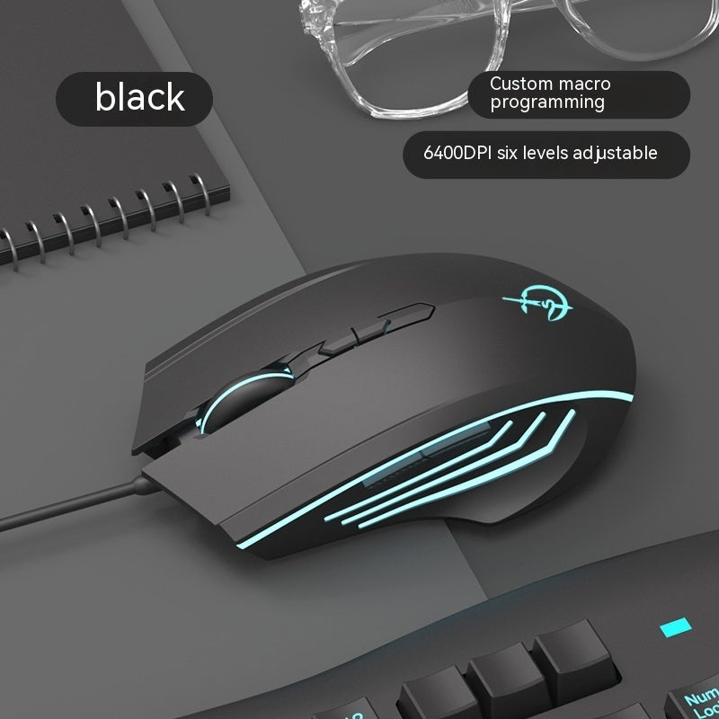 Wired esports gaming mouse in black with blue glowing light bars and side accent.