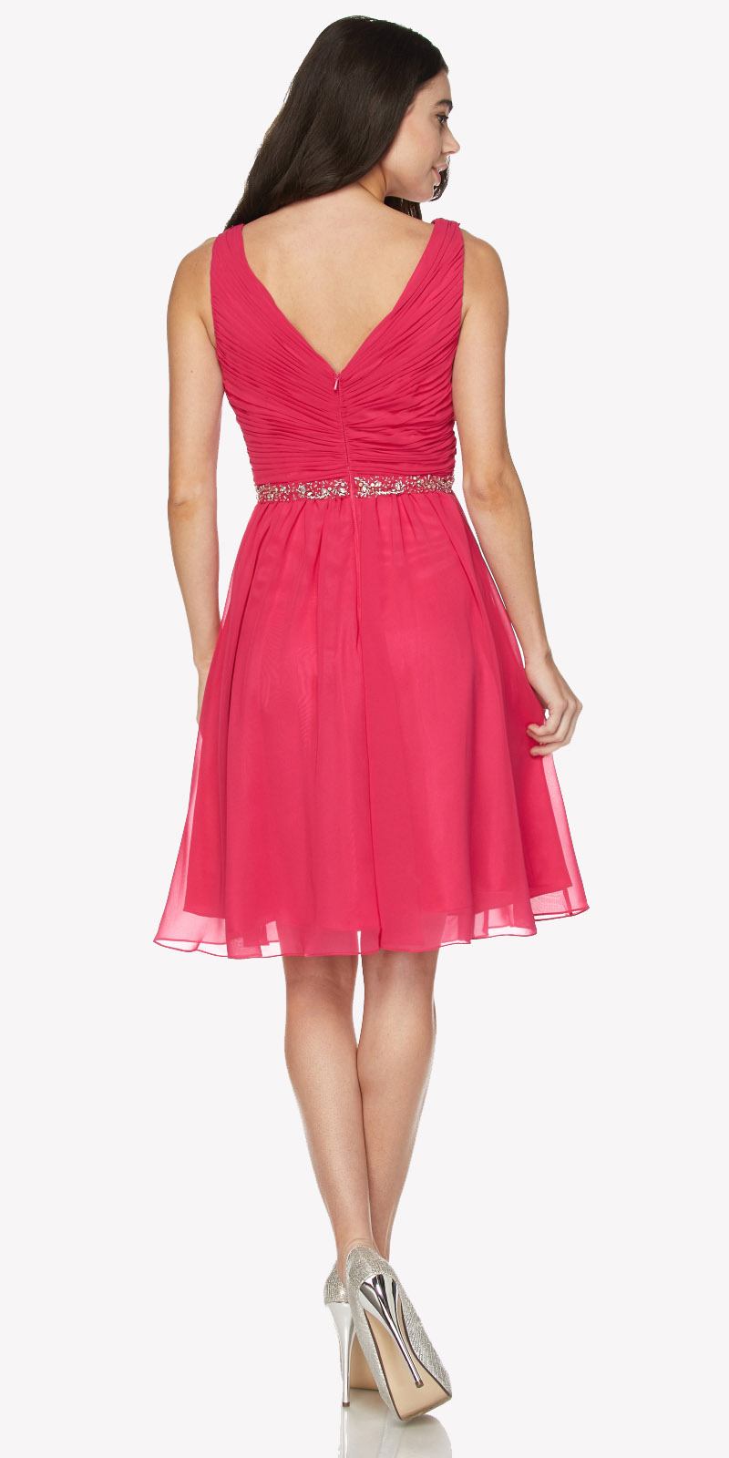 Ruched V-back cocktail dress in fuchsia with embellished waist and sleeveless flared skirt