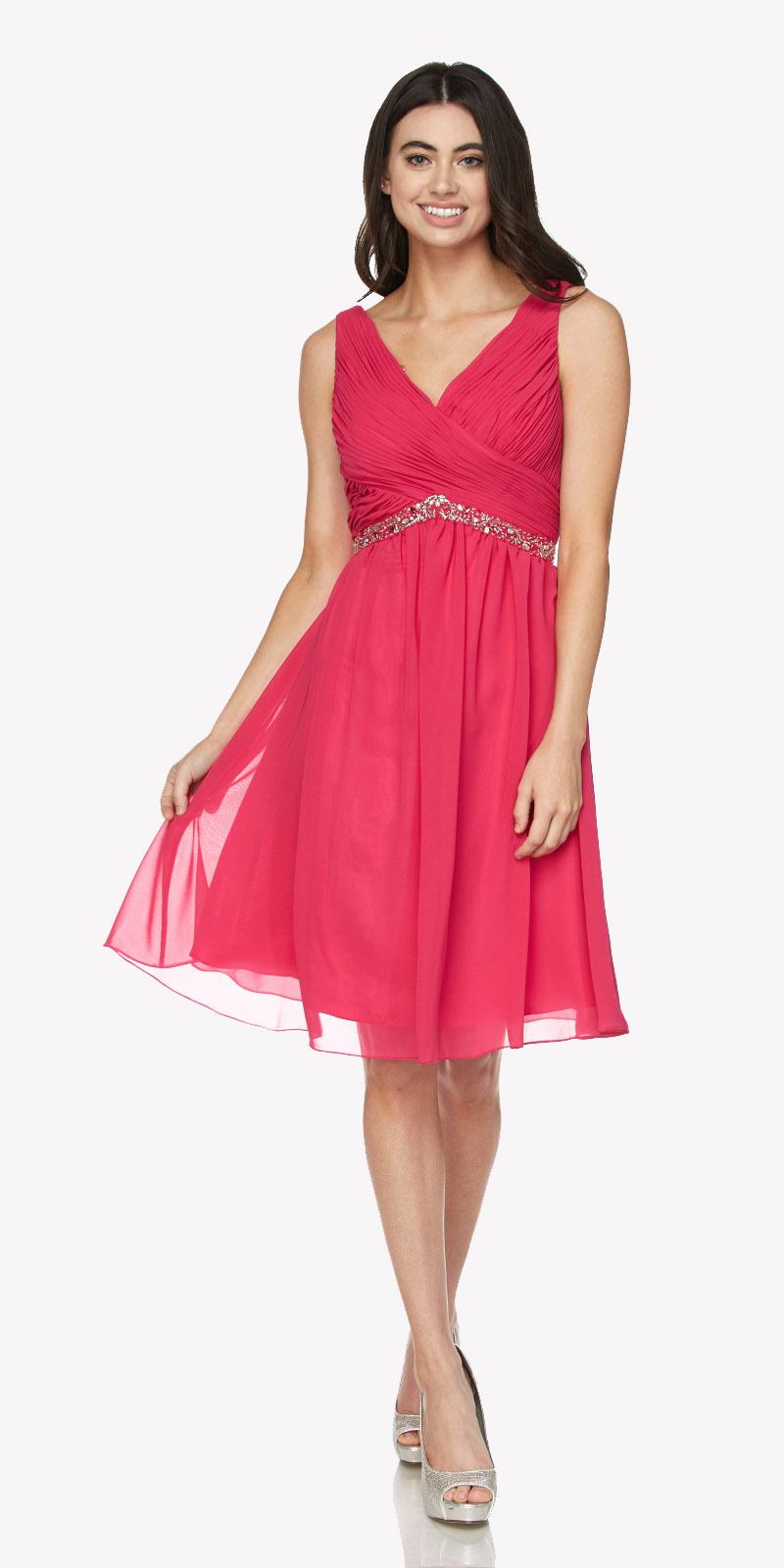 Ruched V-neck cocktail dress in fuchsia with embellished waist, sleeveless flared skirt