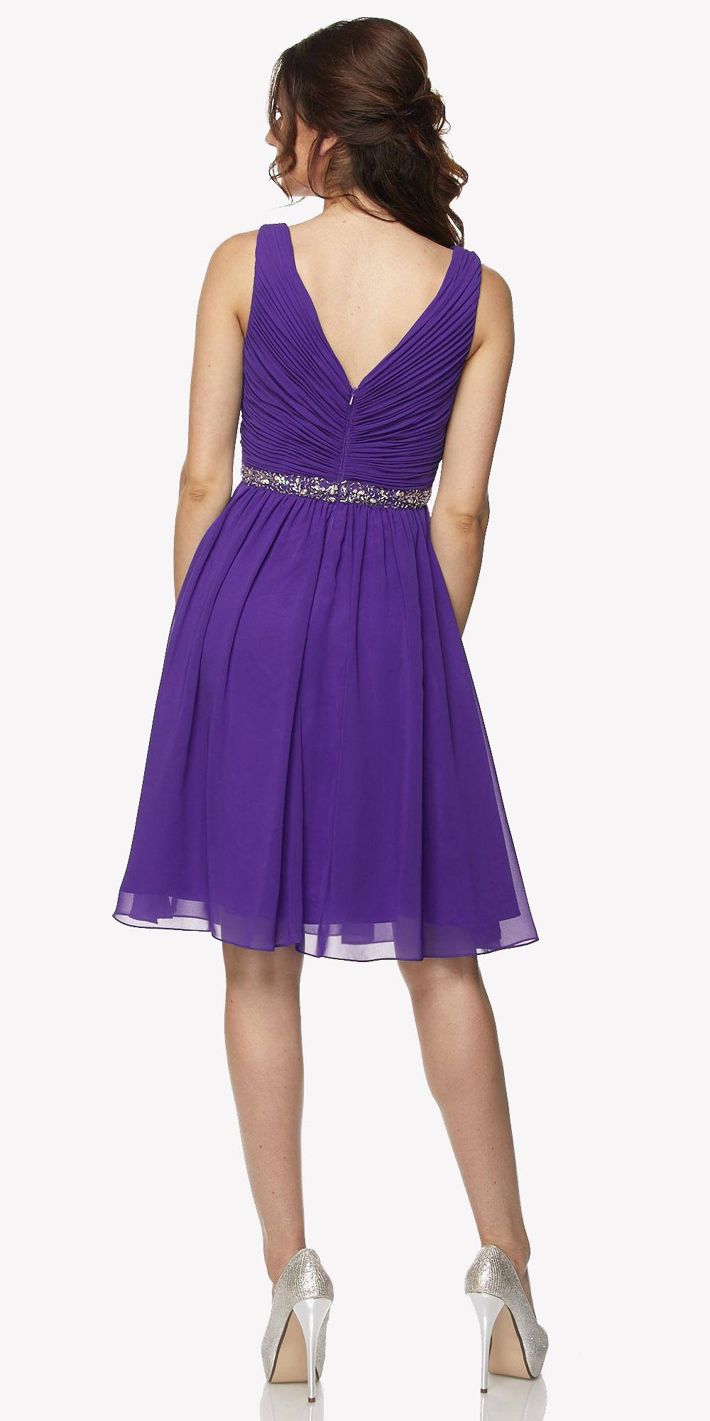 Ruched cocktail dress in purple with V-back and embellished waist, sleeveless skirt