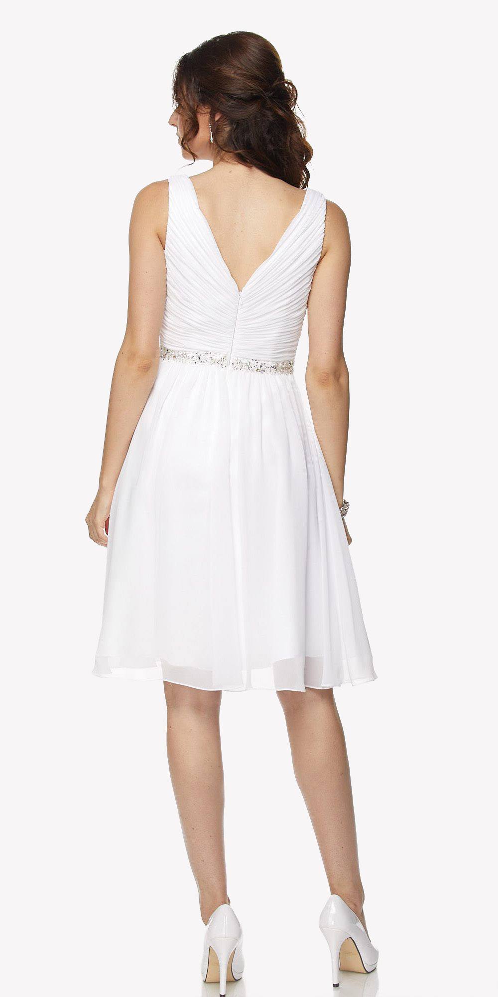 Ruched V-back cocktail dress in white with embellished waist, sleeveless flared skirt