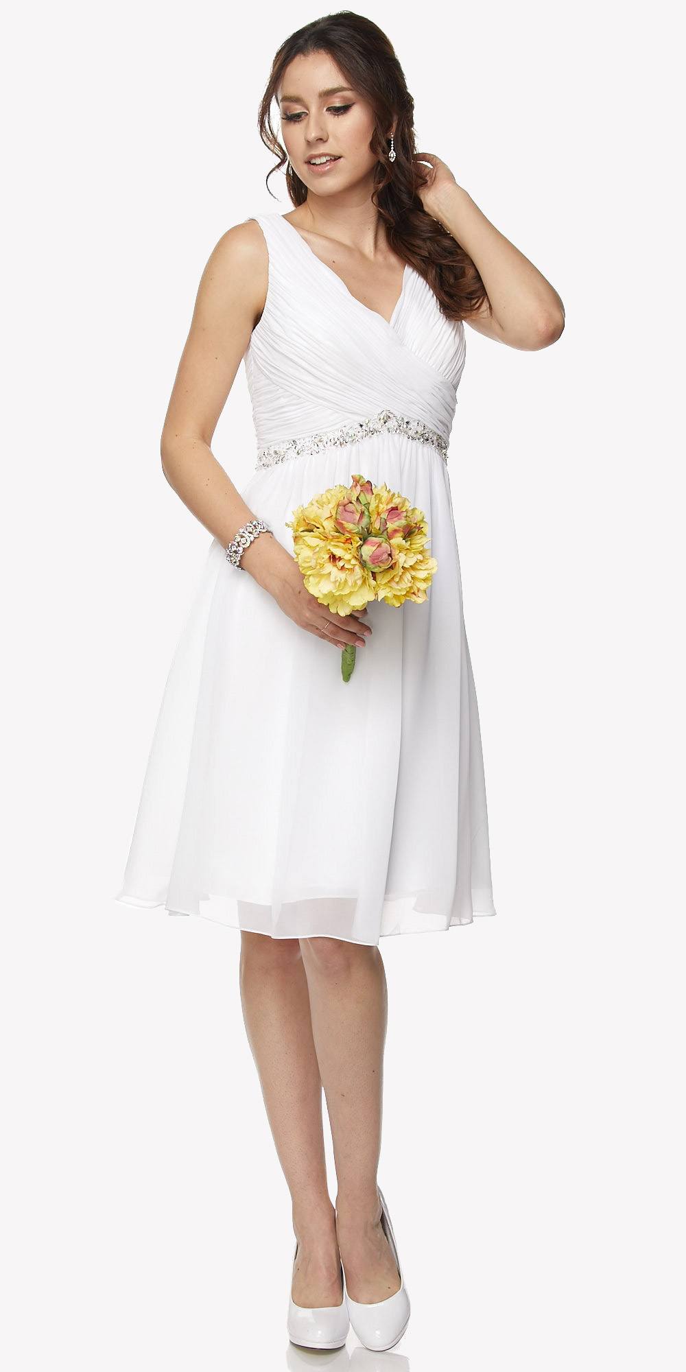 Ruched V-neck cocktail dress in white with embellished waist and sleeveless flared skirt
