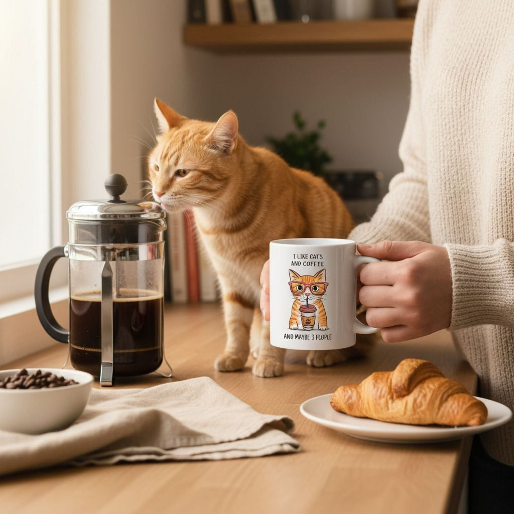 White ceramic mug with orange tabby cat coffee design; held in a person’s hand