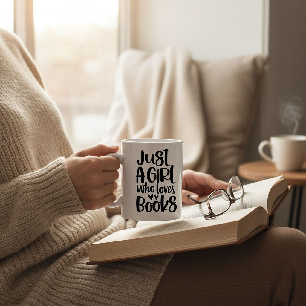 White ceramic coffee mug on table with "Just A Girl who loves Books" print
