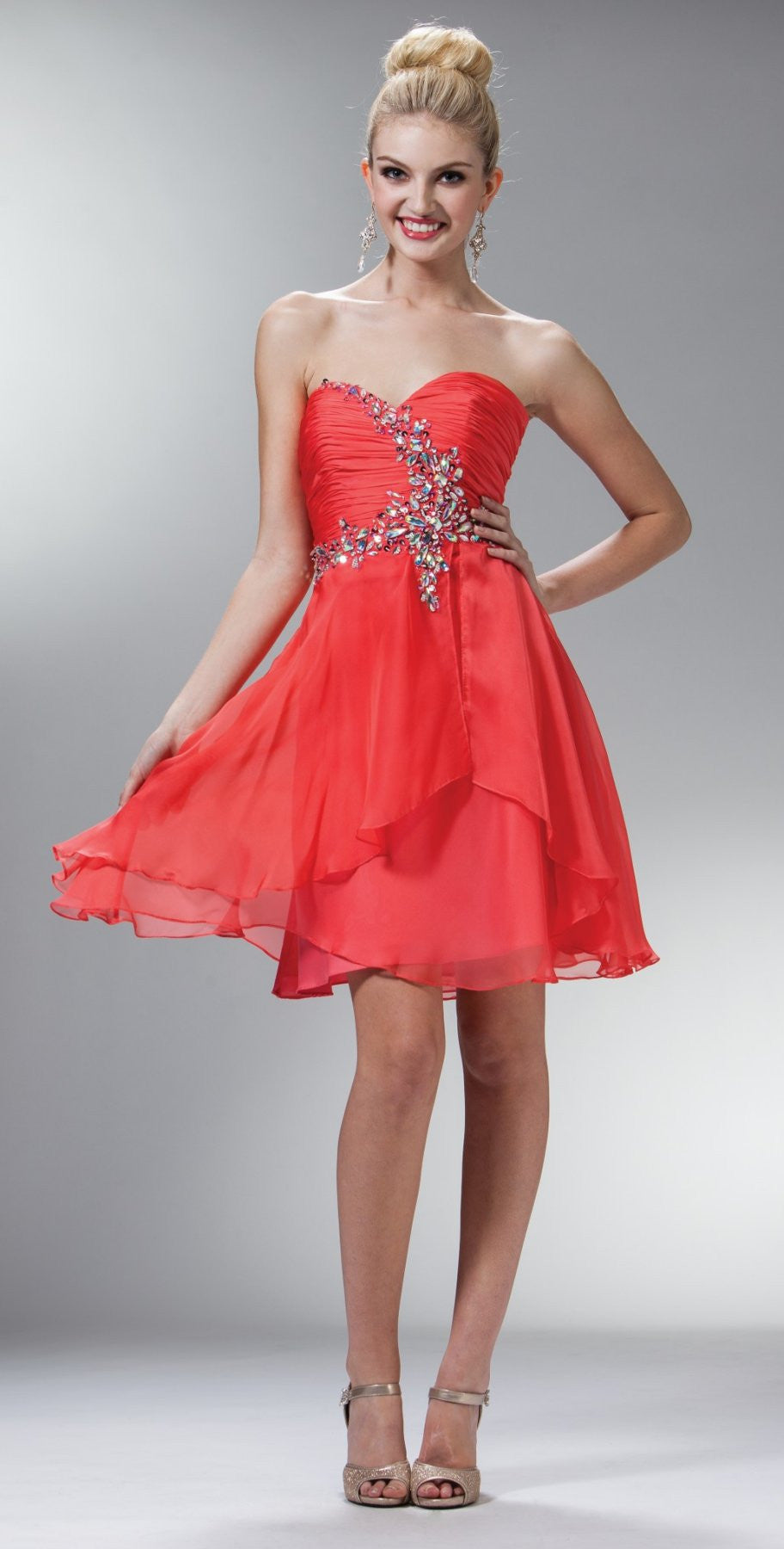 Coral strapless embellished short dress with flared skirt and rhinestone bodice