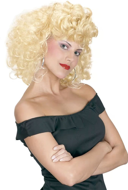 Blonde curly wig with voluminous ringlets and side-part styling