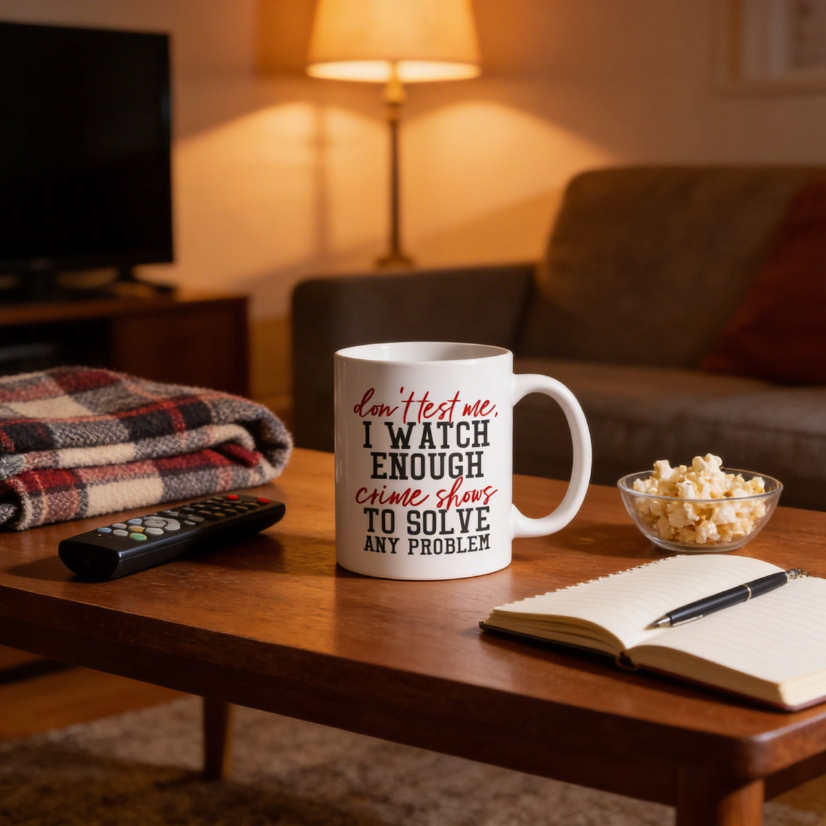 White coffee mug with 'I WATCH ENOUGH...' crime shows quote on a wooden table