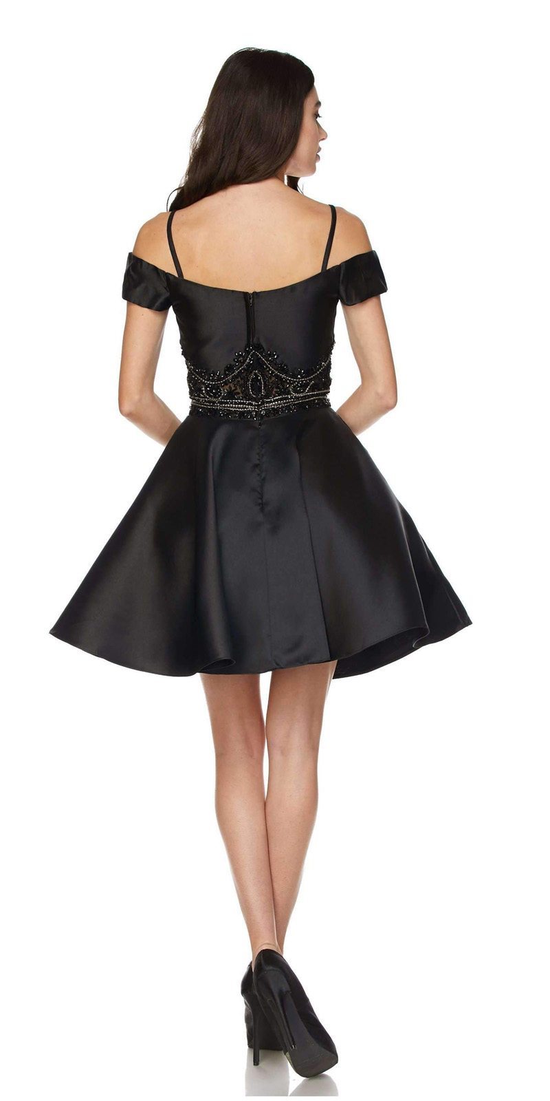 Black cold-shoulder two-piece short dress with open back, embellished bodice, and flared skirt