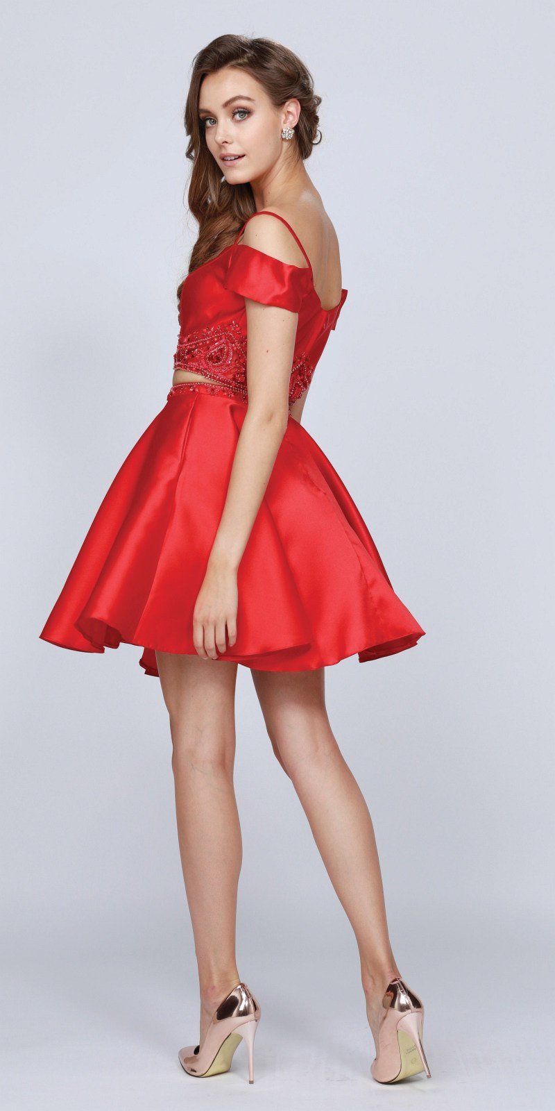 Red cold-shoulder two-piece short dress with off-shoulder sleeves, embellished crop top, flared skirt
