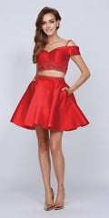 Red cold-shoulder two-piece short dress with embellished crop top and flared skirt