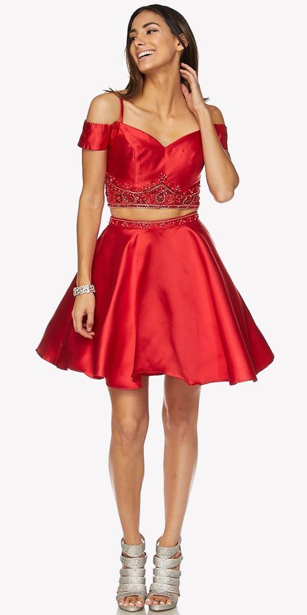 Red cold-shoulder two-piece short dress with embellished belt detail and flared skirt