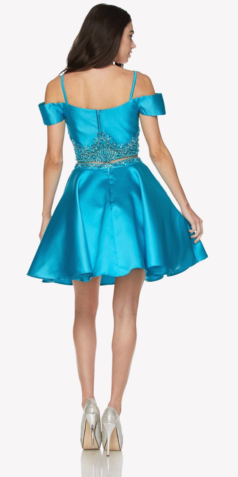 Turquoise cold-shoulder two-piece short dress with open back and embellished waist detail