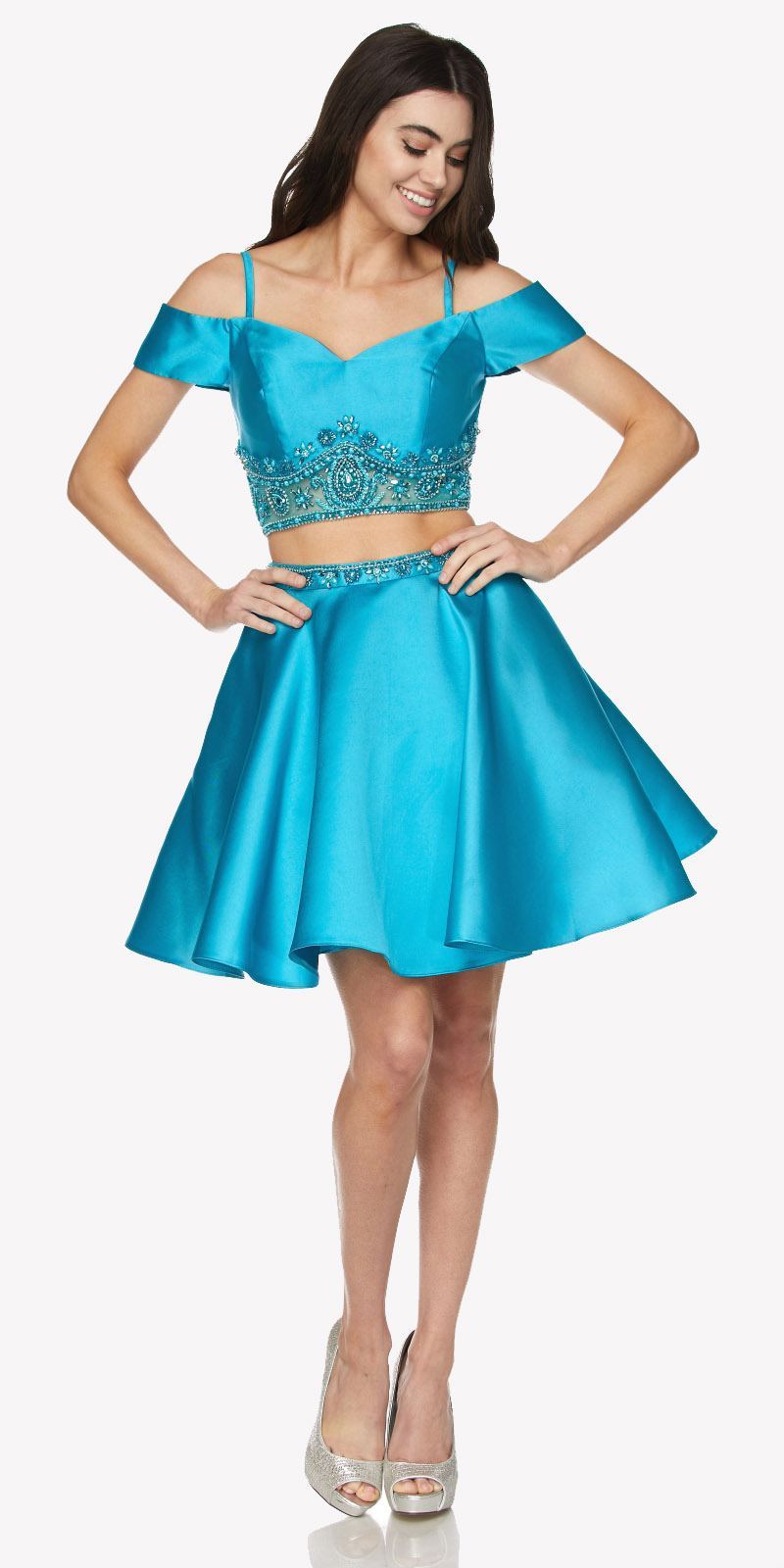 Turquoise cold-shoulder two-piece short dress with sweetheart crop top and flared skirt